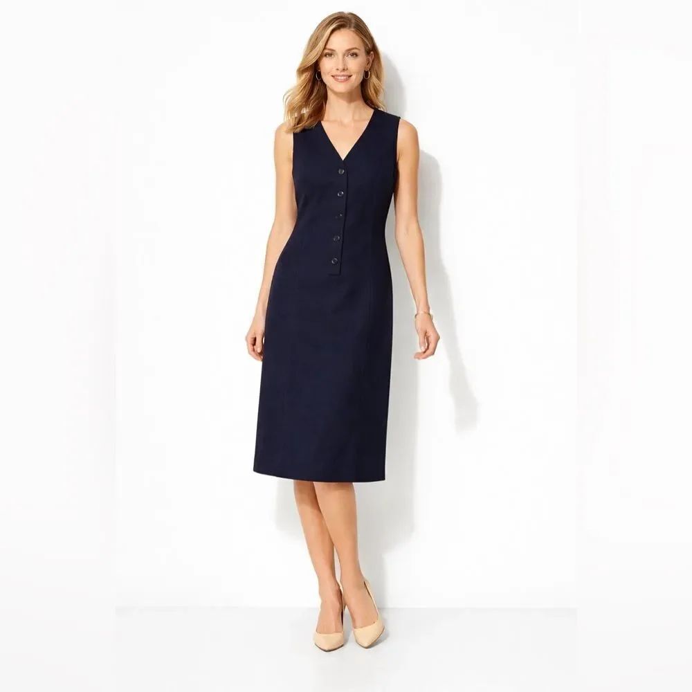 Worthington Women's Structured Button Front Midi Dress in Navy Blue 100% Wool 12